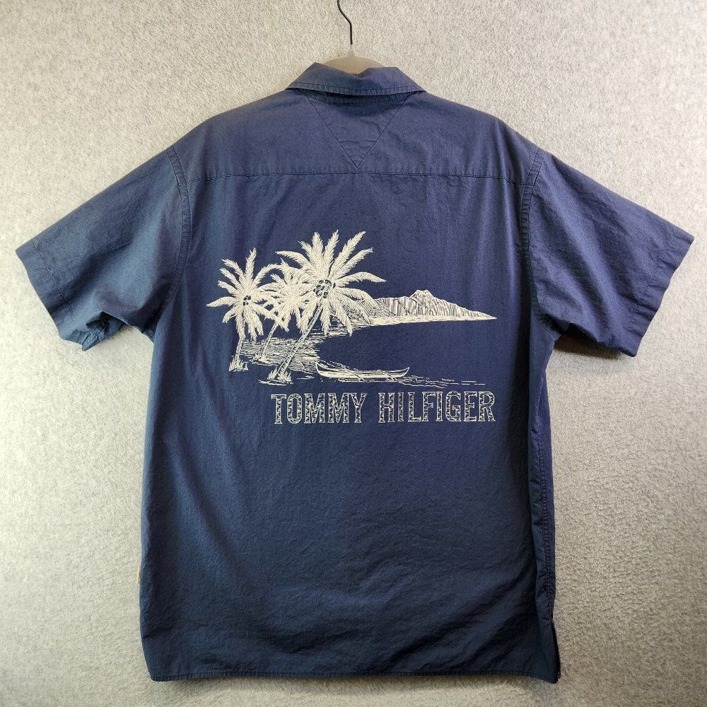 Tommy Hilfiger Hawaiian Shirt Mens Medium Blue Palm Trees Vintage Beach VTG